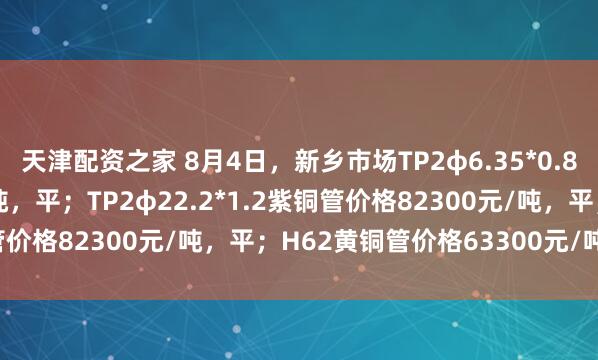 天津配资之家 8月4日，新乡市场TP2φ6.35*0.8紫铜管价格81600元/吨，平；TP2φ22.2*1.2紫铜管价格82300元/吨，平；H62黄铜管价格63300元/吨，平。